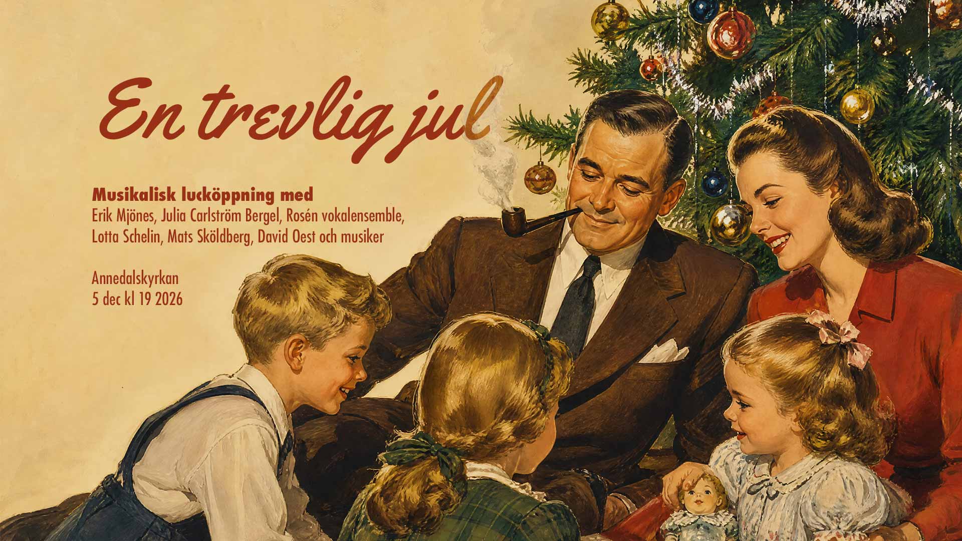 En käck 50-talsfamilj - en pappa, en mamma och tre barn – samlas framför granen och julklapparna. Alla ler.